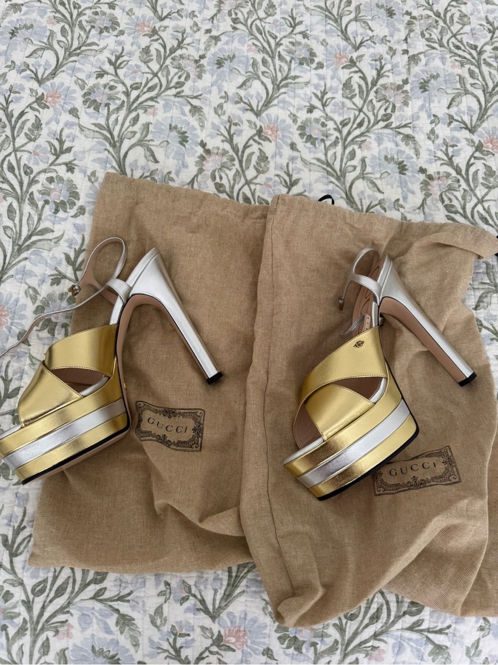 Gucci Gold and Silver Striped Platform Heels